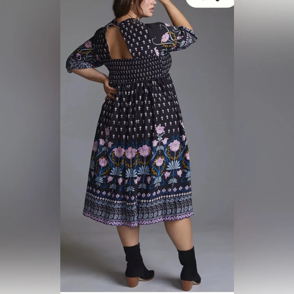 Anthropologie Dasha Smocked Midi Floral Tie  Bohemian Dress Size Large - Picture 16 of 17
